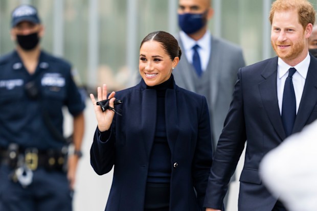 NEW YORK, NEW YORK - SEPTEMBER 23: Meghan Markle, Duchess of Sussex, and Prince Harry, Duke of Sussex, are seen at the World Trade Center on September 23, 2021 in New York City. (Photo by Gotham/GC Images)