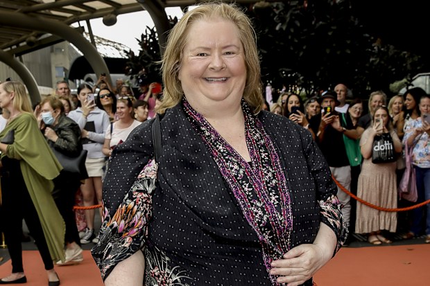 Magda Szubanski arrives at State Memorial Service for Olivia Newton-John at Hamer Hall on February 26, 2023 in Melbourne, Australia. 