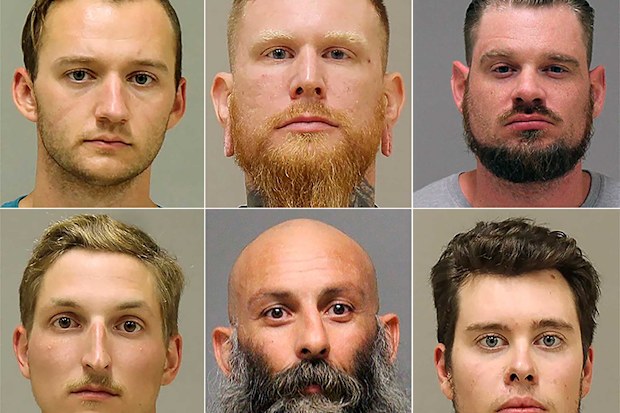 Ty Garbin (bottom right) will testify against Kaleb Franks, Brandon Caserta, Adam Dean Fox, Daniel Harris and Barry Croft.