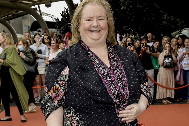 Magda Szubanski arrives at State Memorial Service for Olivia Newton-John at Hamer Hall on February 26, 2023 in Melbourne, Australia. 