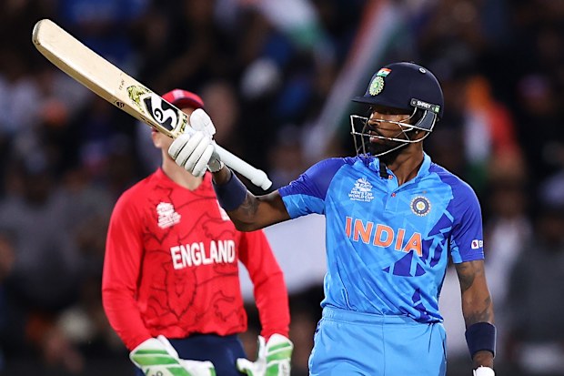 ADELAIDE, AUSTRALIA - NOVEMBER 10: Hardik Pandya of India celebrates his half century during the ICC Men's T20 World Cup Semi Final match between India and England at Adelaide Oval on November 10, 2022 in Adelaide, Australia. (Photo by Mark Kolbe/Getty Images)