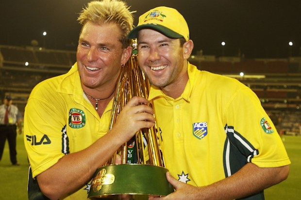 Shane Warne and Ricky Ponting celebrate the 2003 World Cup win.