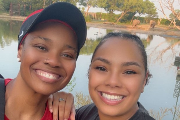 Angela Buckner, pictured left, boarded the flight to New York excited for a blind date. Then she locked eyes with flight attendant Brittany Hairston, pictured right, and everything changed. Brittany Hairston and Angela Buckner via CNN Newsource