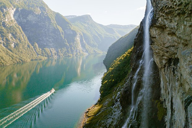Scenic aerial view of cruise ship near Seven sisters waterfall