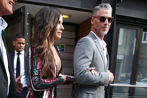 Sandra Bullock and Bryan Randall seen leaving her hotel ahead of the 'Ocean's 8' film premiere on June 13, 2018 in London, England.