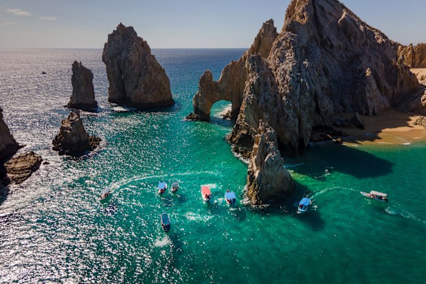 Aerial view of the famous Arch of Cabo San Lucas in Mexico