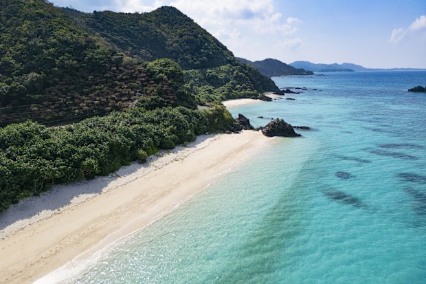 beautiful sakibaru beach, drone point of view, amami-o-shima, japan