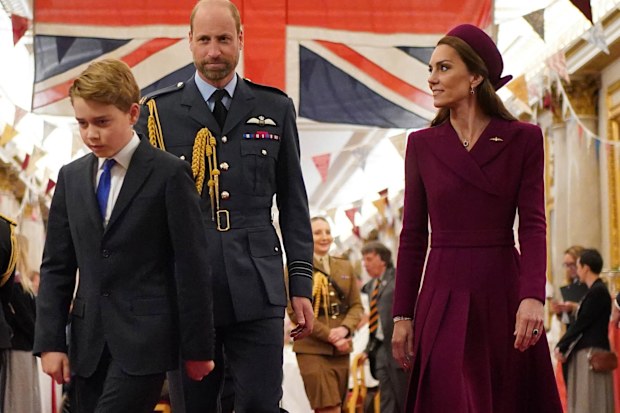 Prince George with the Prince of Wales and the Princess of Wales join Second World War veterans at a tea party in Buckingham Palace, central London, following the military procession to mark the 80th anniversary of VE Day. Picture date: Monday May 5, 2025. PA Photo. See PA story MEMORIAL VEDay. Photo credit should read: Yui Mok/PA Wire