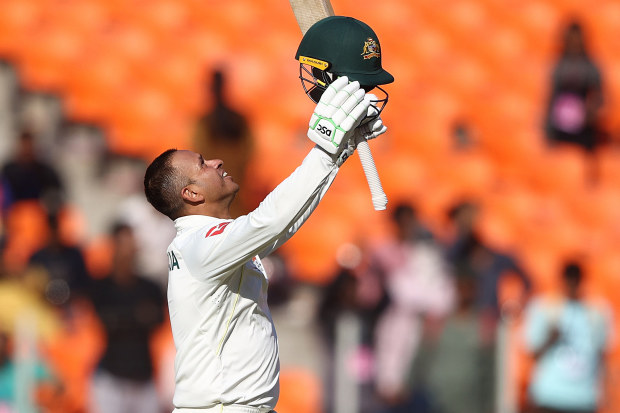 AHMEDABAD, INDIA - MARCH 09: Usman Khawaja of Australia celebrates after scoring his century during day one of the Fourth Test match in the series between India and Australia at Sardar Patel Stadium on March 09, 2023 in Ahmedabad, India. (Photo by Robert Cianflone/Getty Images)
