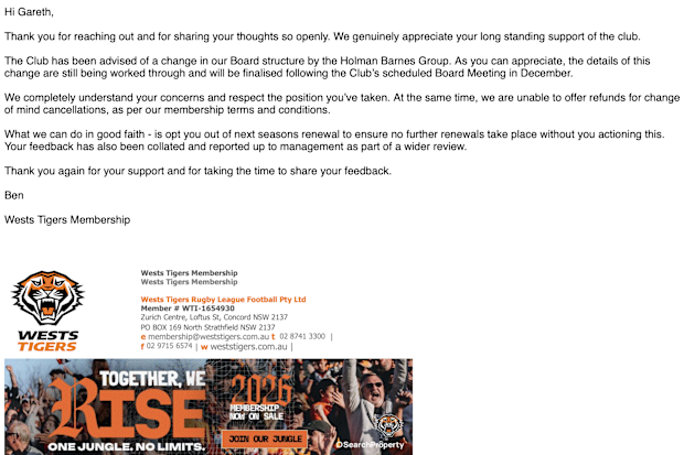 The response Gareth Sayles received from the Wests Tigers regarding his membership.