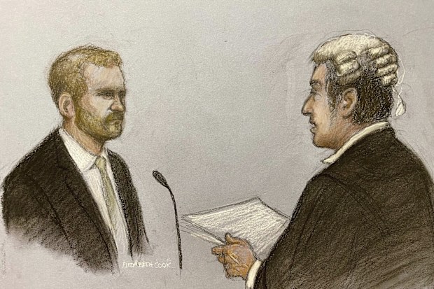 This court artist sketch by Elizabeth Cook shows Britain's Prince Harry, left, with his counsel David Sherborne giving evidence at the Rolls Buildings in central London, Wednesday, June 7, 2023 