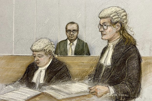 Court artist sketch by Elizabeth Cook of actor Kevin Spacey, center, in the dock as he listens to Christine Agnew KC, right, at Southwark Crown Court, London, Friday, June 30, 2023.  