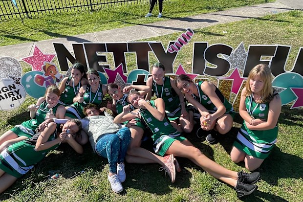 Helen Ryan coaching with her Division 5 under 15's netball team for Randwick Rugby Netball Club on their grand final day.