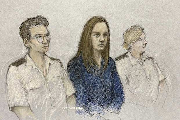 Court artist drawing shows nurse Lucy Letby, who was found guilty of killing seven babies and trying to kill six others.