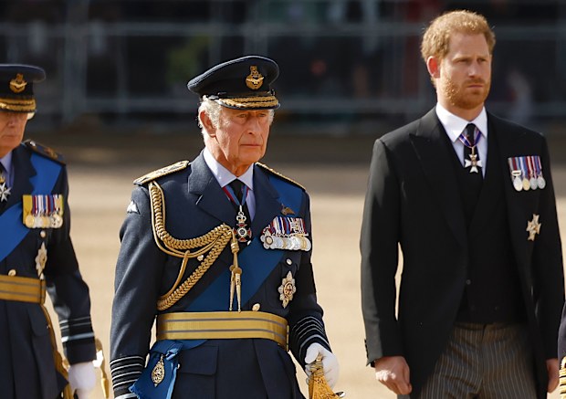 Prince William, Prince of Wales, King Charles III and Prince Harry, Duke of Sussex walk behind the coffin during the procession for the Lying-in State of Queen Elizabeth II on September 14, 2022 in London, England. Queen Elizabeth II's coffin is taken in procession on a Gun Carriage of The King's Troop Royal Horse Artillery from Buckingham Palace to Westminster Hall where she will lay in state until the early morning of her funeral. Queen Elizabeth II died at Balm