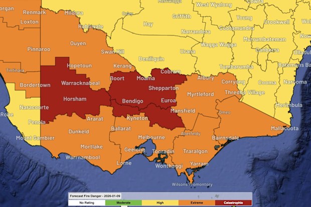 Forecast fire danger ratings in Vic on Friday, January 9, 2026.