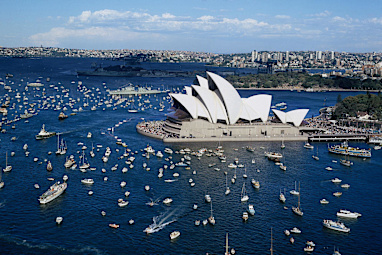 Aerial view of the opening celebrations for the Sydney Opera House, 1973.