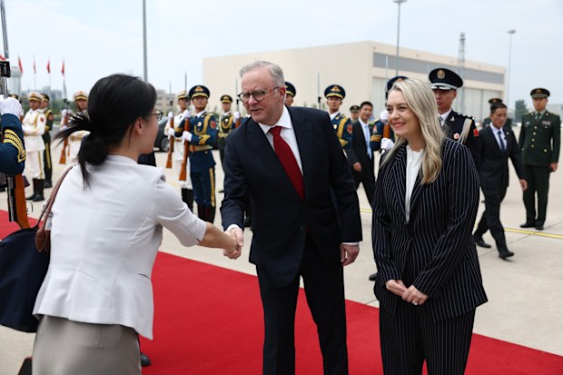 Prime Minister Anthony Albanese and his fiancée Jodie Haydon depart for Chengdu at Beijing Capital International Airport, China on July 16, 2025. Photo: Dominic Lorrimer