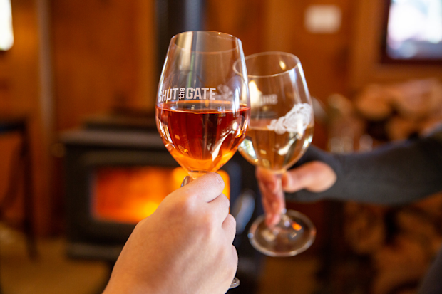 Shut the Gate Wines, Clare Valley: Visitors clinking wine glasses in front of fireplace