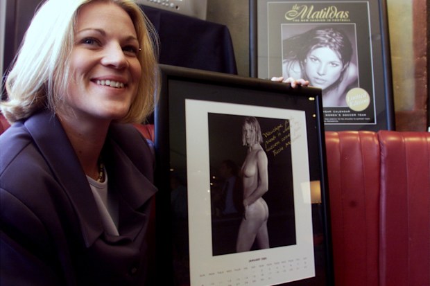 Tracie McGovern with her picture in the 1999 Matildas nude calendar
