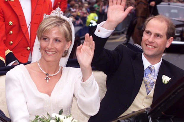 Prince Edward and Sophie Rhys-Jones wave to the crowd following their wedding in St George's Chapel, Windsor Castle Saturday, June 19, 1999. 