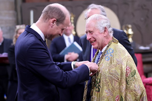 Prince William and King Charles during coronation rehearsals