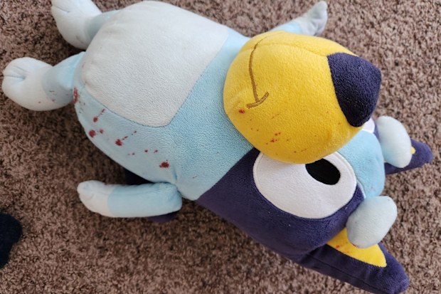 Bluey character with red stains all over. 