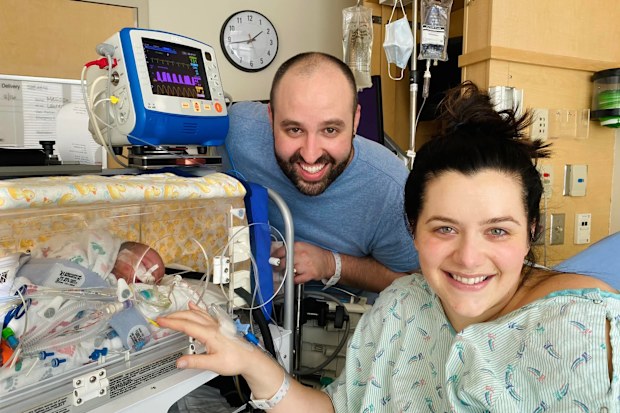 Lauren and Joshua with baby Oliver after rare exit procedure. 