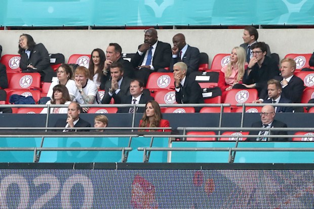 The Duke and Duchess of Cambidge with son Prince George (front row) along with Former England Goalkeeper David Seaman (far left) and wife Frankie Poultney, Ed Sheeran, David Beckham, Romemo Beckham, Ellie Goulding and husband Caspar Jopling during the UEFA Euro 2020 round of 16 match at Wembley Stadium, London. Tuesday June 29, 2021. 
