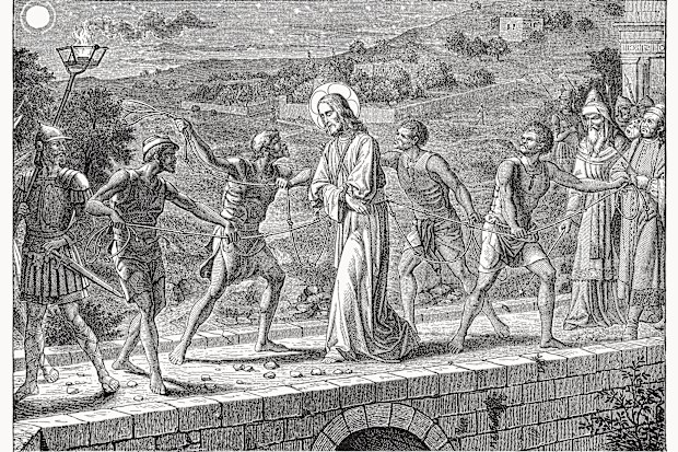Jesus' capture (Mark 14, 48). Wood engraving from the book "Christkatholisches Hausbrot für Jedermann (Christian Catholic house bread for everyone)" by P. Franz Ser. Hattler, 2nd edition, published by Fel. Rauch (Karl Pustet) in 1894.