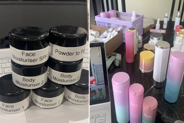 The first product samples versus Cindy Lim's parents' kitchen covered in Koko&Kush bottles.
