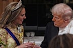 WINDSOR, ENGLAND - SEPTEMBER 17: Catherine, Princess of Wales, toasts US President Donald Trump after his speech during the State Banquet at Windsor Castle for the State visit by the President of the United States of America on September 17, 2025 in Windsor, England. President Trump is in England from Sept. 16-18 on his second UK state visit, with the previous one taking place in 2019 during his first presidential term. (Photo by Yui Mok - WPA Pool/Getty Images)