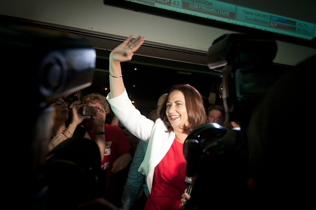 Annastacia Palaszczuk celebrates after becoming Queensland Premier six years ago today.
