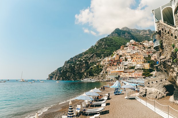 Idyllic view over Positano city with old Italian town houses at Amalfi coast