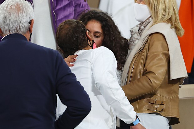 Rafael Nadal of Spain kisses his wife, Maria Francisca Perello following victory in his Men's Singles Final against Novak Djokovic of Serbia on day fifteen of the 2020 French Open at Roland Garros on October 11, 2020 in Paris, France. (Photo by Julian Finney/Getty Images)
