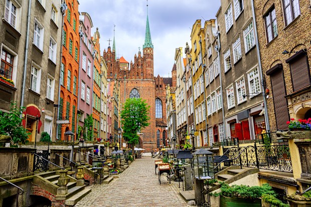 St. Mary's church and Mariacka street in the old town center of Gdansk, Poland