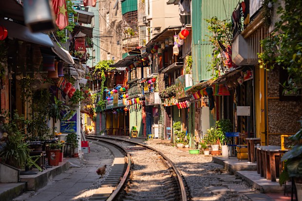 Train street in Hanoi, Vietnam, landmark and tourism destination