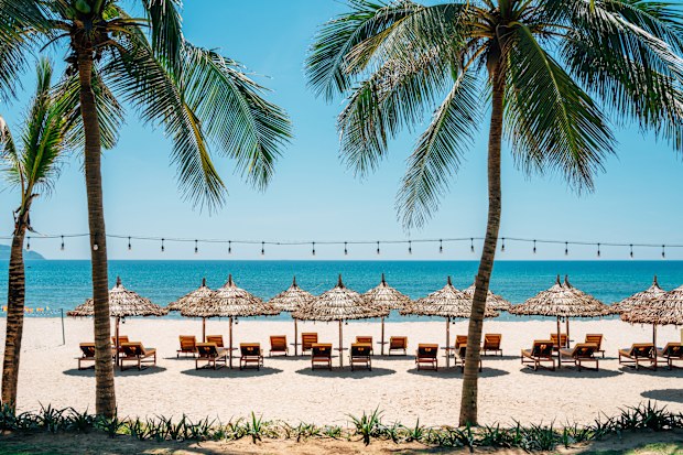 My Khe Beach with parasol and sunbed in Da Nang, Vietnam