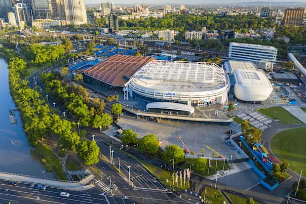 Melbourne, Australia - Nov 10, 2018: Aerial view of Rod Laver Arena, Margaret Court Arena and other tennis courts for hosting the Australian Open