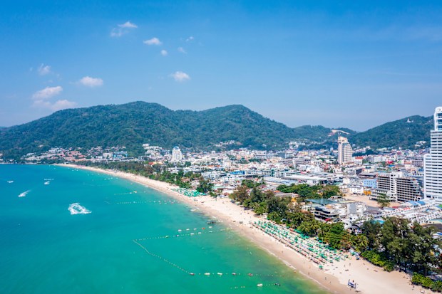 Phuket, Thailand- 24 Feb 2023: Amazing aerial view of Patong Beach and Phuket skyline, Thailand.