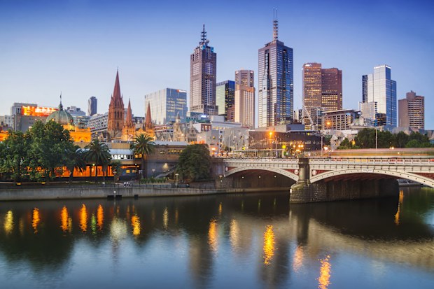Melbourne's skyline at dusk.