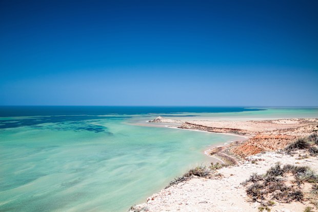 Amazing ocean view on turquoise colored water at Shark Bay, World Heritage Site, Western Australia.