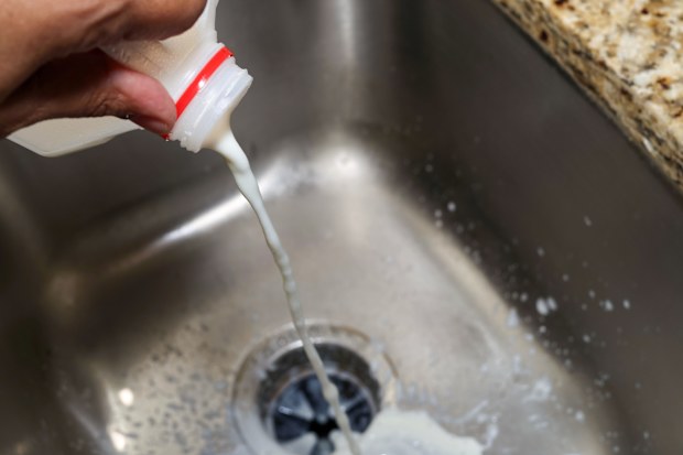pouring spoiled milk into a kitchen sink