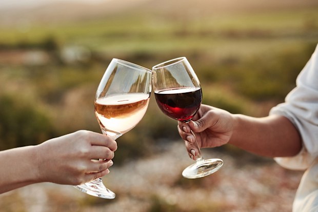 Glass of red wine and glass of white wine being clinked