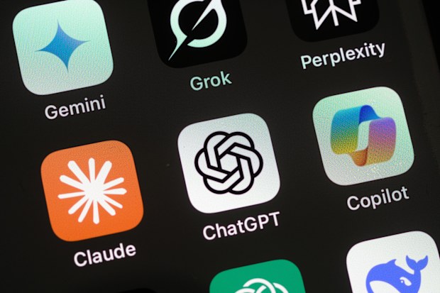 London, UK - 05 10 2025: Apple iPhone screen with Artificial Intelligence icons internet AI app application ChatGPT, DeepSeek, Gemini, Copilot, Grok, Claude, etc.