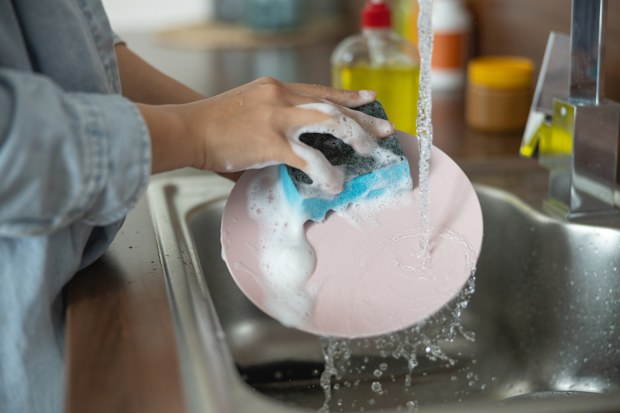Person washing up a plate.