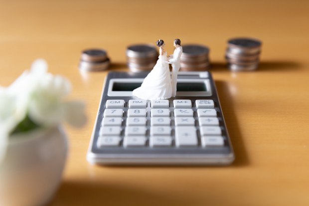 Wedding couple, calculator and coins. Money image related to wedding plan and preparation, marriage and family planning, housing and pension.