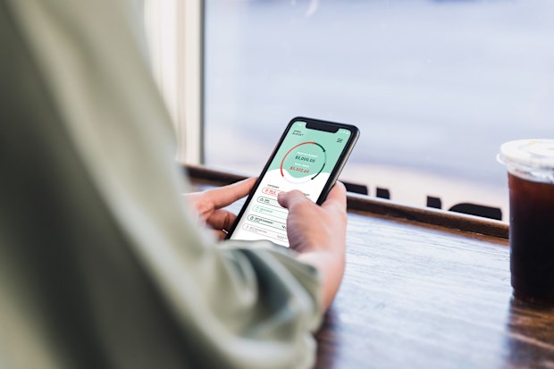 While sitting in a coffee shop, an unrecognizable woman uses a banking app. She is checking her account balance.
