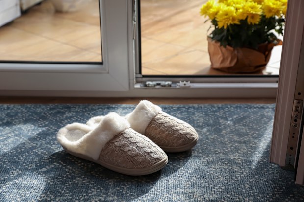 Pair of beautiful soft slippers on mat in room
