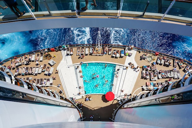 Mallorca, Spain- May 23, 2024: rear relaxation zone of large cruise ship MSC Seaview with pool and sun loungers, top view